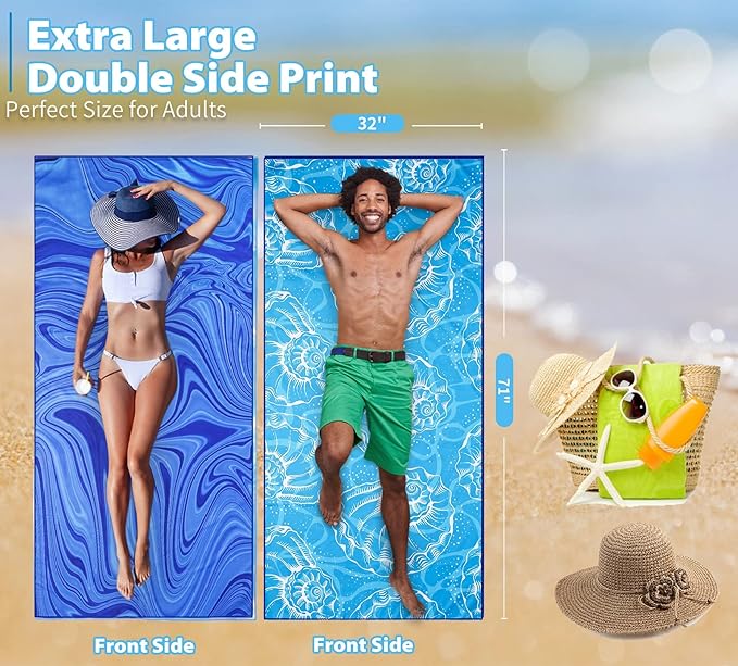 TwoYek 2 Pack Microfiber Thin Beach Towel Lightweight 71x32 Oversized Extra Large Sand Free Towels Quick Dry for Travel Pool Yoga Gym Sports Beach Accessories Vacation Essential Gift
