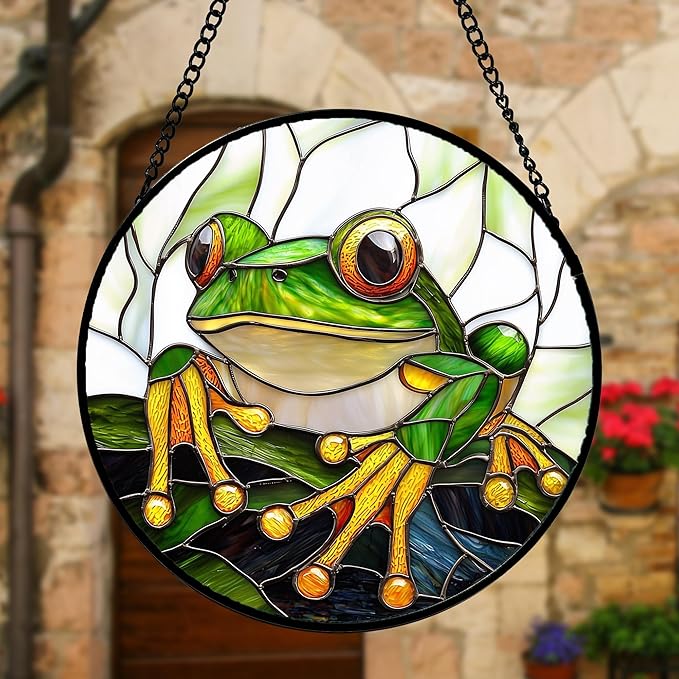 Stained Glass Window Hanging, Green Frog White Petals Sun Catchers Colorful Glass Panel Cute Suncatcher Decor for Birthday for Women, Men, Wife, Aunt, and Mom 9.8 in