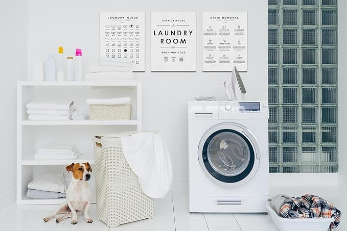 BIWSHA Laundry Room Decor, Laundry Room Sign Wall Art, Laundry Symbols Wall Decor, Laundry Symbols Wall Art Signs for Home Drom Laundromats, 11x14 Inch White