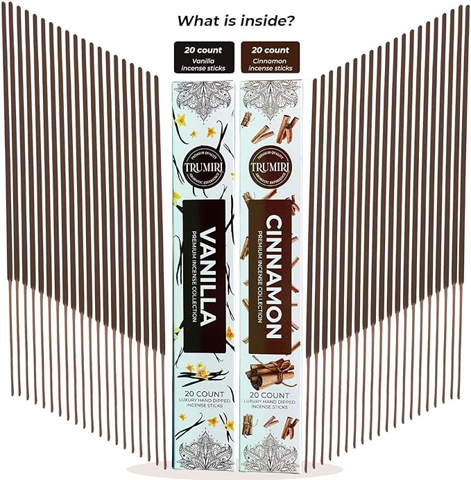 Trumiri Incense Sticks - Combo Pack of 40 Insence-Sticks - 20 Vanilla + 20 Cinnamon - Insenses - Insents - Incents - Inscense - Incence - Incienso - All Natural Incense Sticks