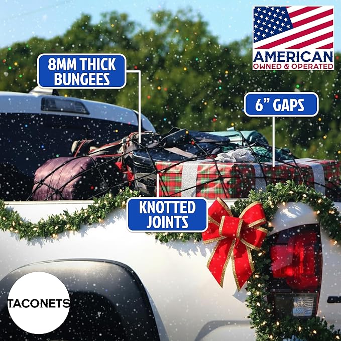 TacoNets Cargo Net for Toyota Tacoma Long Bed - Fits 2005-2025 - Patented Bed Rail Integration - Heavy Duty 8mm Premium Bungee 3'x5' Cargo Netting - Designed in USA