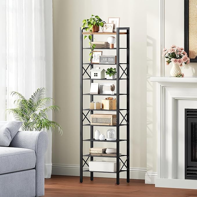 10-Tier Narrow Shoe Rack, Tall Shoe Rack for 10-20 Pairs, Slim Shoe Storage Organizer with Wooden Top, Space Saving, Metal Frame, for Entryway, Rustic Brown and Black SS68BR