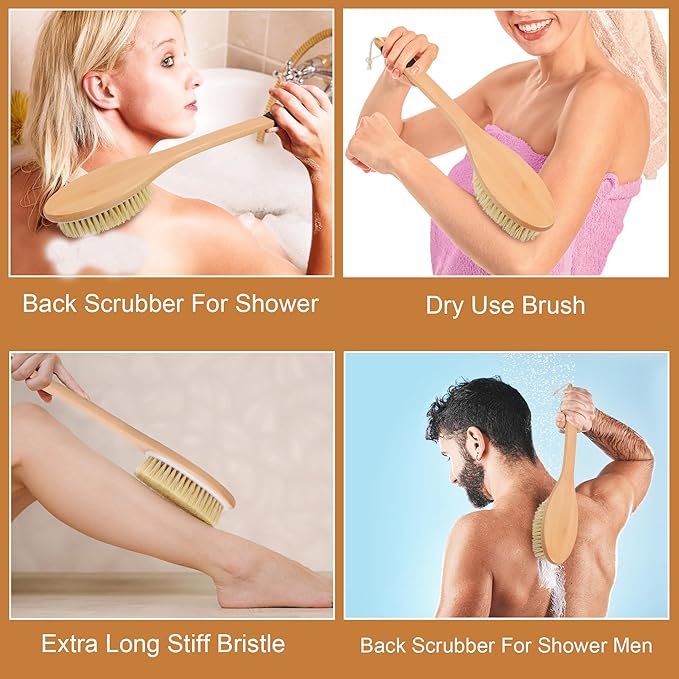 OWIIZI Back Scrubber Brush for Shower, Long Stiff Bristle Body Bath Brushes, Wooden Curved Long Handle Skin Exfoliator for Men Women Wet or Dry Use