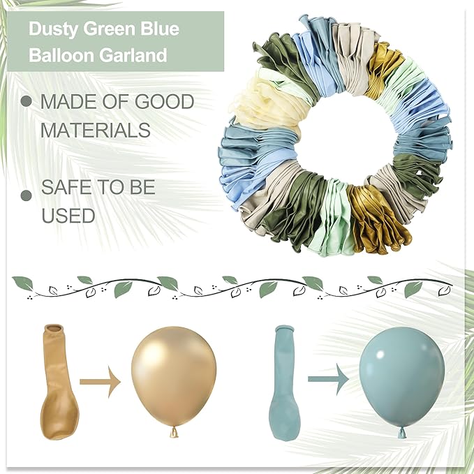 Amandir 173Pcs Dusty Blue Green Balloon Garland Arch Kit, Haze Fog Blue Ash Mist Sage Green Sand White Gold Confetti Balloons for Wedding Bridal Boho Birthday Party Backdrop Decorations