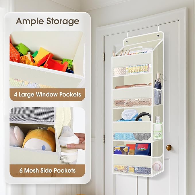 2 Pack Over The Door Organizer, Hanging Storage Organizer with Clear Window, 40lb Ultra Sturdy Large Capacity Room Organizer for Pantry Laundry Bathroom Nursery Closet (Beige)