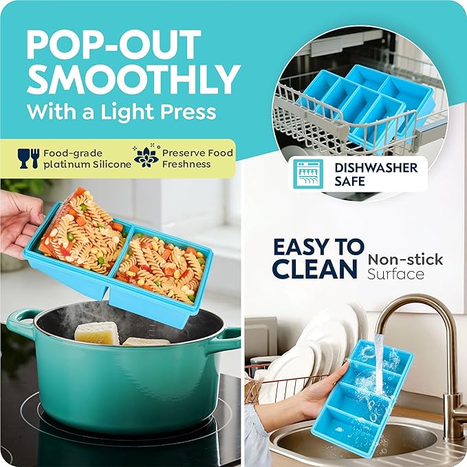 Silicone Freezer Trays with Lids, 2 Cup & 1 Cup Soup Container Style Ice Cube Trays, Easily prepare portioned meals, Great for storing soups and other dishes, Dishwasher, Oven Safe