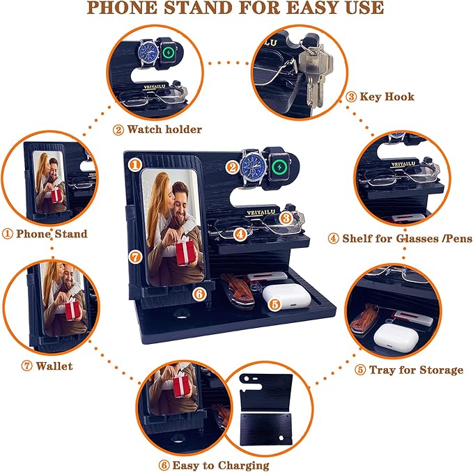 Gifts for Dad Men Mom Women from Daughter Son Birthday Gifts Nightstand Organizer Mens Wood Phone Docking Station (Black)