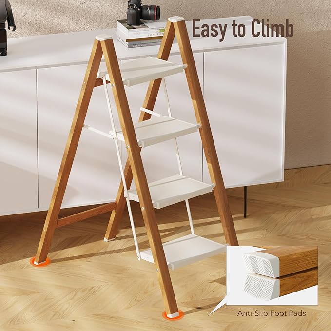 4 Step Lightweight Aluminum Folding Ladder, Portable Step Stool with Anti-Slip Pedals, 330 lbs Capacity for Home, Office, Kitchen（White&Woodgrain）