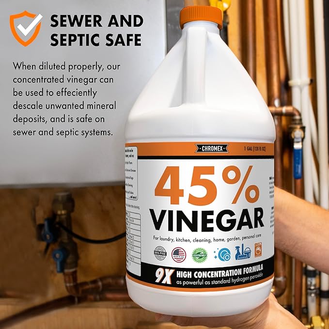 Chromex 45% Ultra Concentrated Vinegar - Dilutes to 9 Gallons - 9x Strength Multi-Purpose Cleaning, Deodorizing, Laundry, Gardening, Descaling, and Drain Cleaning Solution - 1 Gallon