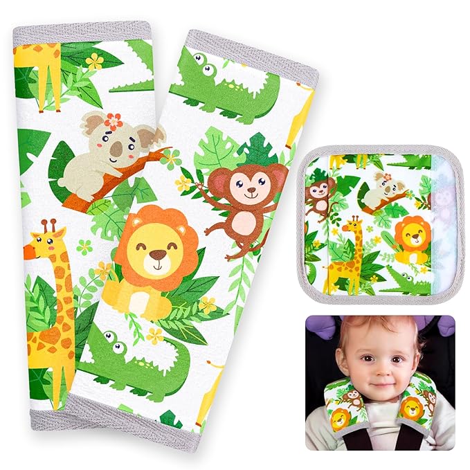 Seat Belt Cover Pad for Baby, Soft Seatbelt Cushion Covers for Kids, 2 Pcs Car Seat Strap Shoulder Pads for All Car Seats, Stroller, High Chair, Green Zoo