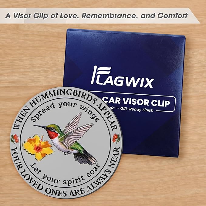 FLAGWIX Sympathy Gifts for Loss of Loved One - Hummingbird Metal Car Visor Clip 3 in - Christmas Memorial Gifts for Loss of Husband Mom Son, Bereavement Gift, Sun Visor Clip Car Accessories