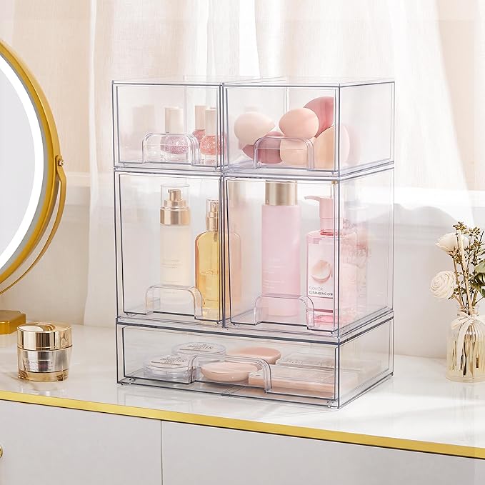 Vtopmart Stackable Storage Drawers Set of 4, Clear Plastic Organizer Bins for Bathroom Supplies, Ideal for Cabinet, Pantry, Laundry Room Organization