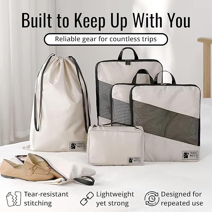 Compression Packing Cubes for Travel – 6-Piece Luggage Organizer Set with Double Zipper Compression, Shoe Bag, Laundry Pouch & Toiletry Bag – Lightweight Carry-On & Suitcase Organizers