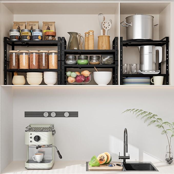 Wobmmi Expandable, Adjustable & Stackable Spice Rack, Cabinet Kitchen Countertop Shelf Organizer, Metal Pantry Storage Shelves - Space-Saving Storage Solution (2 Packs/Black/Medium)
