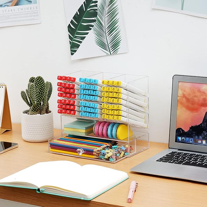 Marbrasse Clear Pen Organizer Storage, Acrylic Desk Organizer with 12 Compartments, Pen Holder for Desk, Desktop Art Organizer for Office School Art Supplies (Acrylic Pen Holder with Drawer)