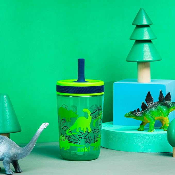 Zak Designs Kelso 15 oz Tumbler Set, (Dino Camo) Leak-Proof Screw-On Lid with Straw Made of Durable Plastic and Silicone, Perfect Cup Bundle for Kids (2pc Set)
