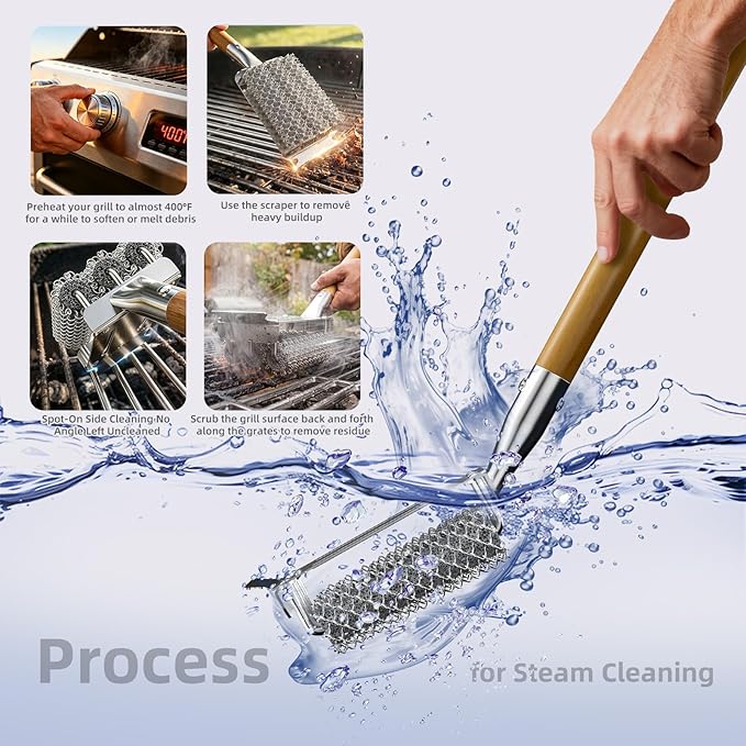 HOUSE AGAIN Grill Brush Bristle Free, Stainless Steel Food-Grade Brush Head with Scraper, Safe BBQ Outdoor Grill Cleaning Brush Barbecue Steam Grill Cleaner Non Wire for Grill Grate/Long Wood Handle