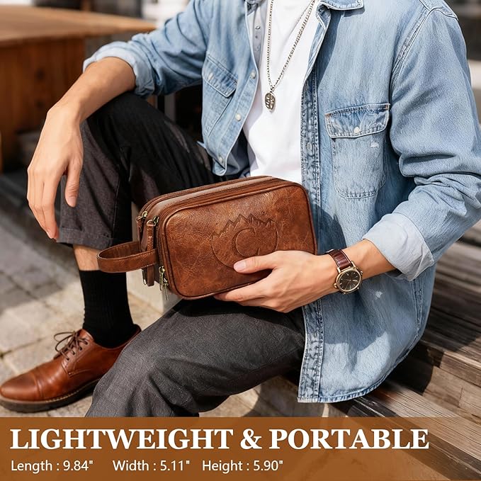 Travel Toiletry Bag for Men,Mens Shaving Bags for Toiletries,Men's Toiletry Travel Bag Leather,Personalized Travel Essentials,Birthday Gifts For Men,Brown- C