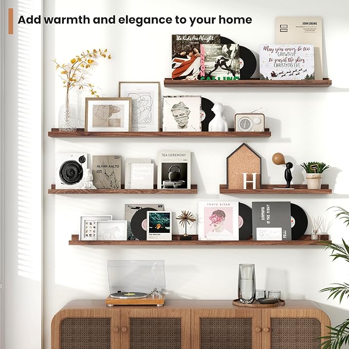 Fun Memories Picture Ledge Shelves Set of 2, 48 Inch Rustic Wall Mounted Floating Shelves with Lip for Home Storage and Décor in Bathroom, Kitchen, Nursery, Bedroom, Living Room, Walnut