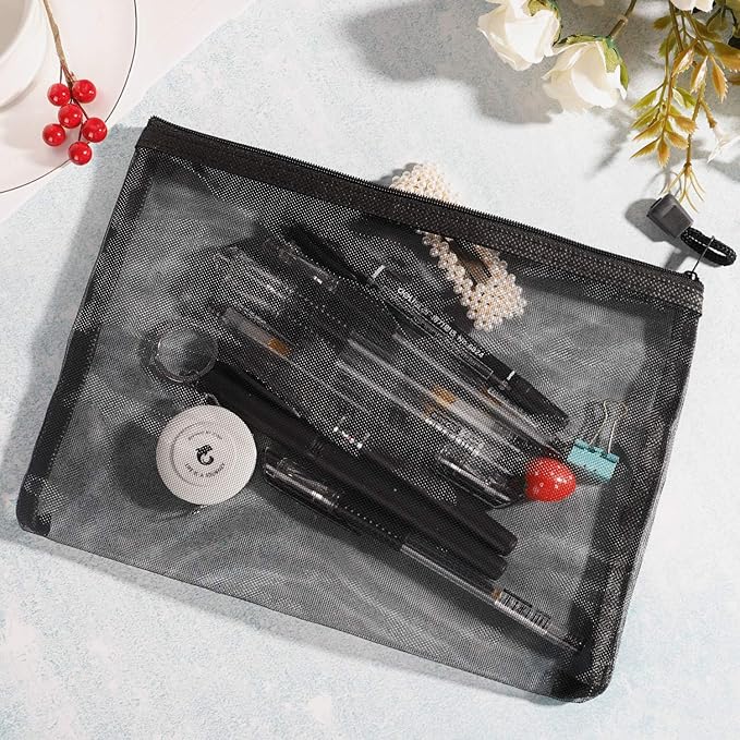 20 Pieces Black Mesh Bags Mesh Zipper Pouch Makeup Cosmetic Bag Pencil Pouch, 9.5 x 7.1 Inches