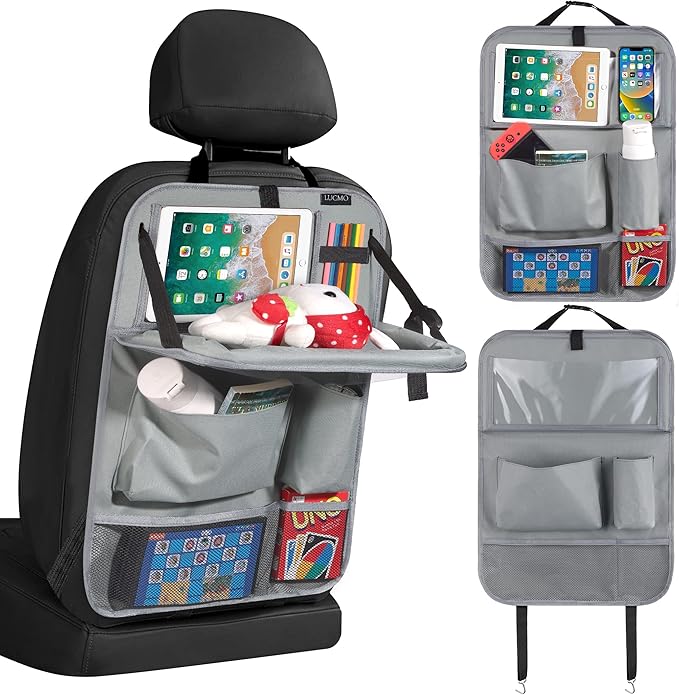 LUCMO Car Backseat Organizer with Tablet Holder, 6 Storage Pockets Car Storage Organizer with Foldable Food Tray, Protectors Kick Mats Travel Accessories - Grey