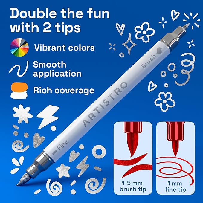 ARTISTRO 24 Metallic Acrylic Paint Markers - Paint Pens for Drawing, Brush + Fine Tips - For Fabric, Rock, Glass, Wood, DIY - Art & Craft Supplies for Adults, Teens, Kids - Teacher Appreciation Gift