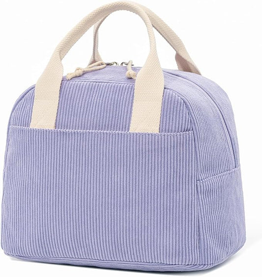 LOVELYWIND Insulated Purple Haze Lunch Bag for Women, Stylish Corduroy Tote with Aluminum Lining, Large Capacity Reusable Cooler for Work, Travel, or Beach, Beige Cream Water-Resistant Lunch Box