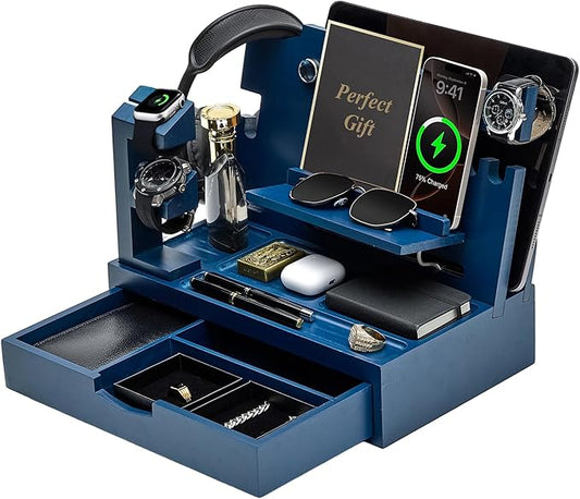 Nightstand Organizer for Men with Large Drawer, Birthday Gifts for Men, Phone Docking Station, Bedside Organizer for Nightstand for Apple Watch, Laptop (Blue, Solid Wood)