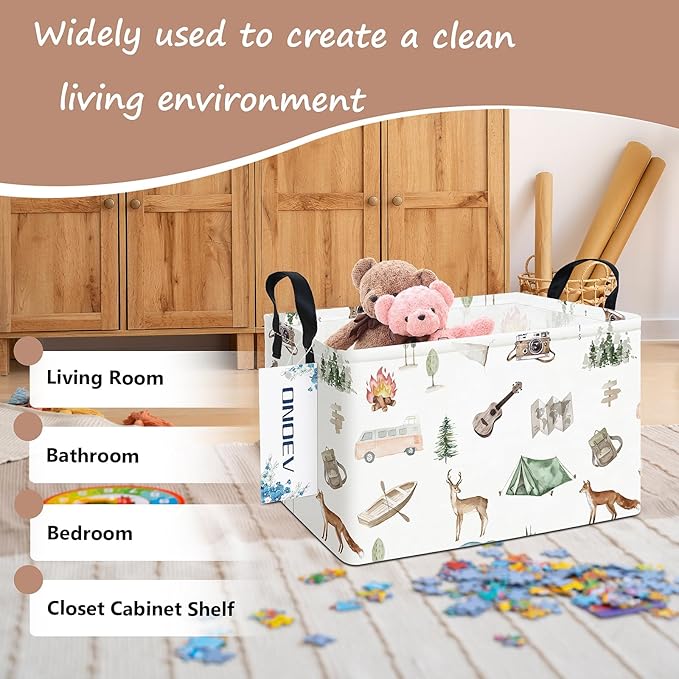 Rectangular Folding Laundry Basket, Waterproof Canvas Basket, Gift Basket, Suitable for Children's Room, Office, Clothes, Toy Storage (Outdoor Adventure)