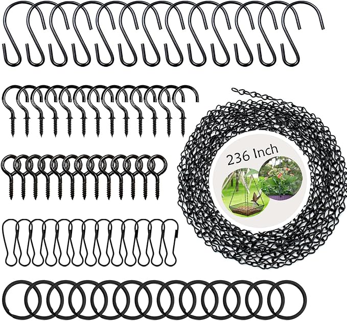 YINGFENG 236 Inch Black Metal Hanging Chains and Hanging Basket Hooks Set for Bird Feeders, Birdbaths, Planters, Grow Lights, Lanterns, Wind Chimes and Ornaments, Eye Screws, Chain Hooks DIY