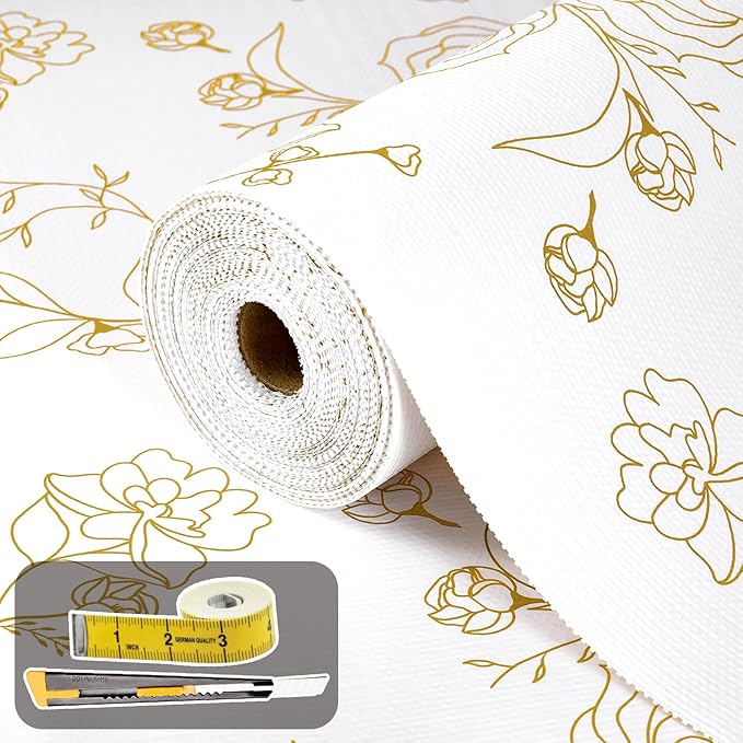 Shelf Liners for Kitchen Cabinets 12in x 30FT Non Adhesive Drawer Liner Gold Floral Thickened Shelf Liner Paper Strong Non-Slip Easy to Clean for Tool Box Refrigerator with Knife and Tape Measure