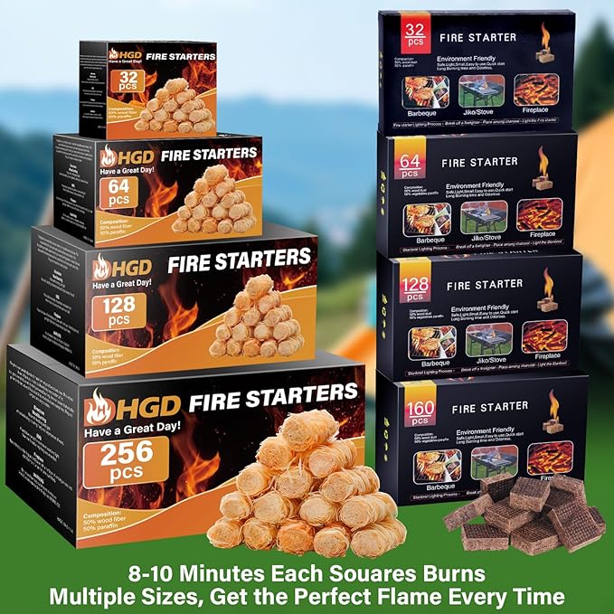 HGD Natural Fire Starters (128 Pcs) - Waterproof & Odorless Charcoal Starters for Fireplace, Campfire, BBQ, Grill, Fire Pit, Wood & Pellet Stove, Chimney, Pizza Oven & Smoker - Indoor & Outdoor Use