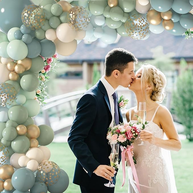 Amandir 173Pcs Dusty Blue Green Balloon Garland Arch Kit, Haze Fog Blue Ash Mist Sage Green Sand White Gold Confetti Balloons for Wedding Bridal Boho Birthday Party Backdrop Decorations