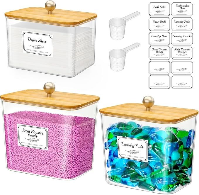Lifewit Large Laundry Pods Container& Dryer Sheet Holder, Plastic Detergent Dispenser, Laundry Room Organization Storage Jars for Powder, Soap, Scent Booster Beads,Bamboo Lid,0.53+0.7 gal,3 Pcs