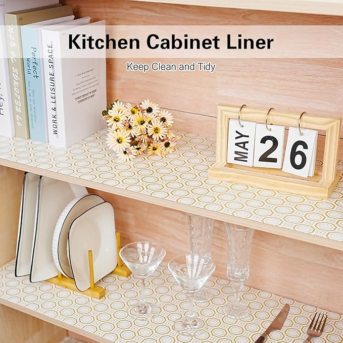 Drawer and Shelf Liner for Kitchen Cabinet,Non-Adhesive Cabinet Liner 18in x 10FT,Waterproof Shelf Paper Non-Slip Mats Cupboard Liners Contact Protect Dresser/Shelves/Table-Gold Octagonal