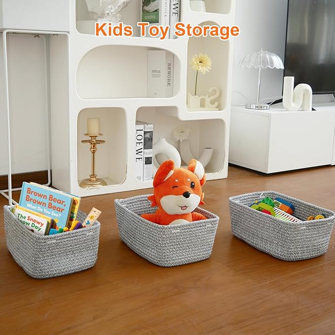 Ordn2Ordn Small Storage Baskets for Organizing, Woven Storage Bins for Shelves, Gift Basket Empty, Cute Decorative Closet Organizer, Baby Rope Basket, Dog Toy Storage, 12.6x8.2x5”, 3Packs Mixed Gray
