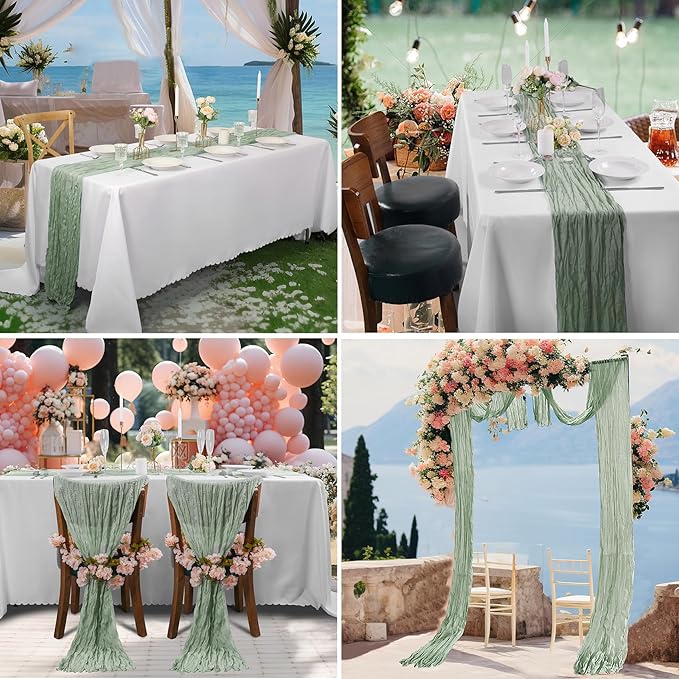 Bailarina 25 Pack Cheesecloth Table Runner 17x108 Inch Long Gauze Cheese Cloth 9ft Wrinkled Sheer Table Runner for Wedding Reception Birthday Party Table Decoration (Sage Green)