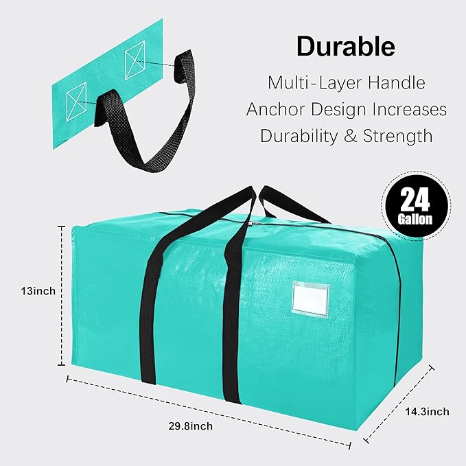 VELVETSURE 12 Pack Heavy Duty Large Moving Bags W/Backpack Straps - Strong Handles & Zippers, Storage Totes For Space Saving, Fold Flat, Alternative to Moving Box and Storage Bin, Aquamarine
