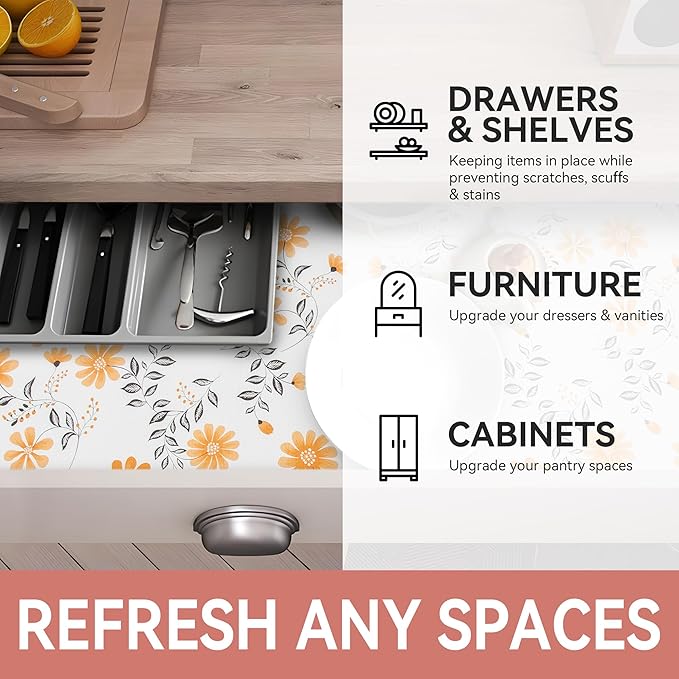 Shelf Liner, Non Adhesive Daisy Floral Printed Cabinet Liner for Pantry Drawer, Strong Grip Non Slip, Shelf Liners for Kitchen Cabinets Organization 12 Inch x 10 FT (10 Rolls) Signature Delivery