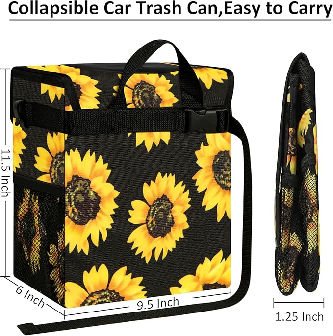ELONGRIVER Car Trash Can Bin for Back Seat Leak Proof, Cute Car Trash Bag Hanging, Vehicle Trash Can for SUV Truck Van, Automotive Garbage Cans Front Seat Sunflower Floral