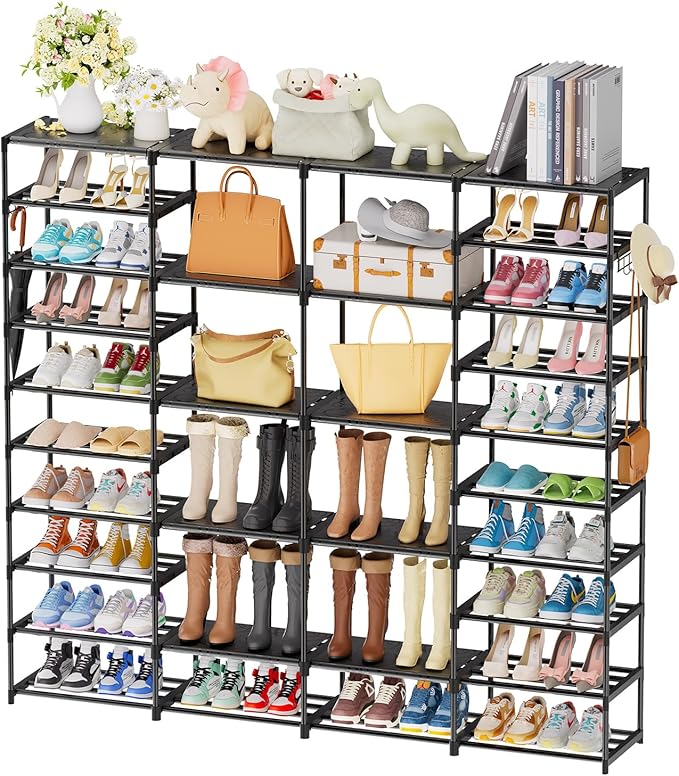 Large Shoe Rack Organizer for Entryway Closet 72-80 Pairs 10-Tier Heavy Duty Tall Garage Shoe Rack Shoe Shelf Shoes Storage with Removable Side Hooks for Bedroom and Garage, Black