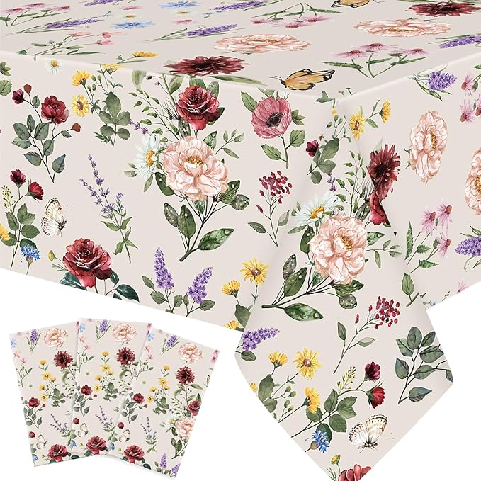 Ganeen 3 Pcs Floral Tablecloth Disposable Plastic Wildflower Table Covers Rectangle Vintage Wildflower Tablecloths for Baby Shower Birthday Wedding Mothers Day Spring Tea Party Decor, 54 x 108 Inch