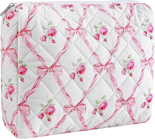 HHQQWZ Makeup Bag Travel Cosmetic Bag for Women Girls, Zipper Make Up Pouch, Floral Flowers Toiletry Organizer Makeup, Portable Storage Cosmetic Travel Cloth Bag (L/Pink Bowknot)