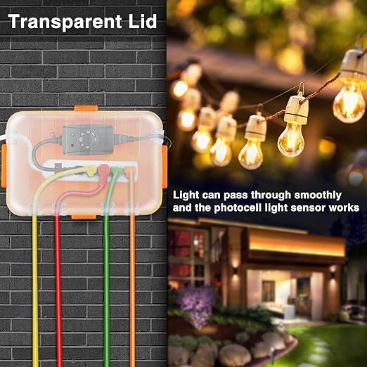 Flemoon Outdoor Electrical Box with Transparent Lid, IP54 Waterproof Box with Clear Cover for Photocell Light Sensor Timer, Power Strip, Outlet, Plug, Socket, Orange