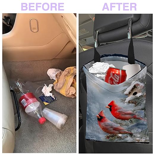 UUCBTAH Car Trash Bag Hanging Winter Cardinal Car Trash Can for Back Seat Waterproof Car Garbage Can with Adjustable Straps and Drawstring for Car Accessories Vehicle Travelling Camping