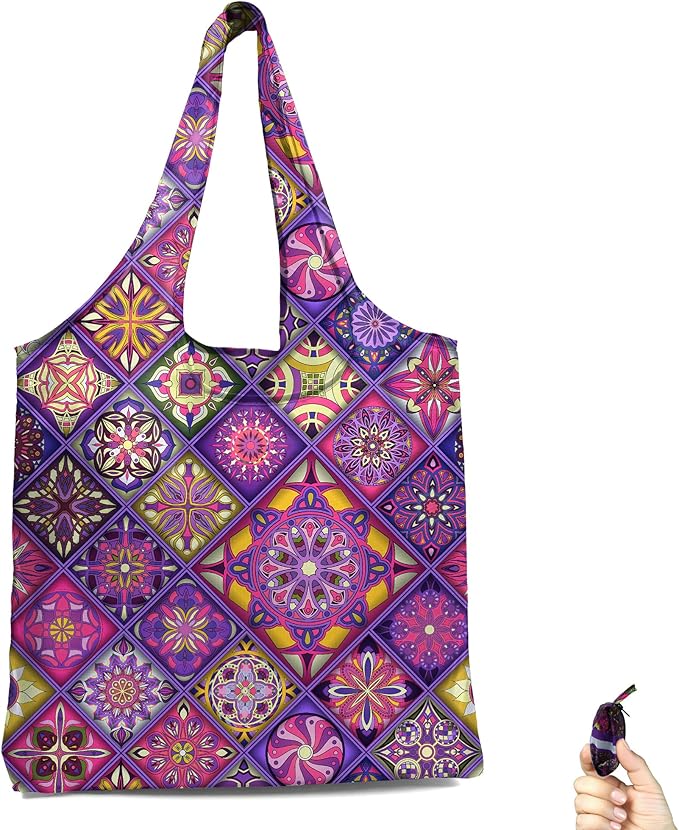 BeeGreen Boho Reusable Grocery Bags Foldable Machine Washable Reusable Shopping Bags Extra Large Reusable Bags Totes 66 Lbs Ultra-Lightweight Polyester Fabric