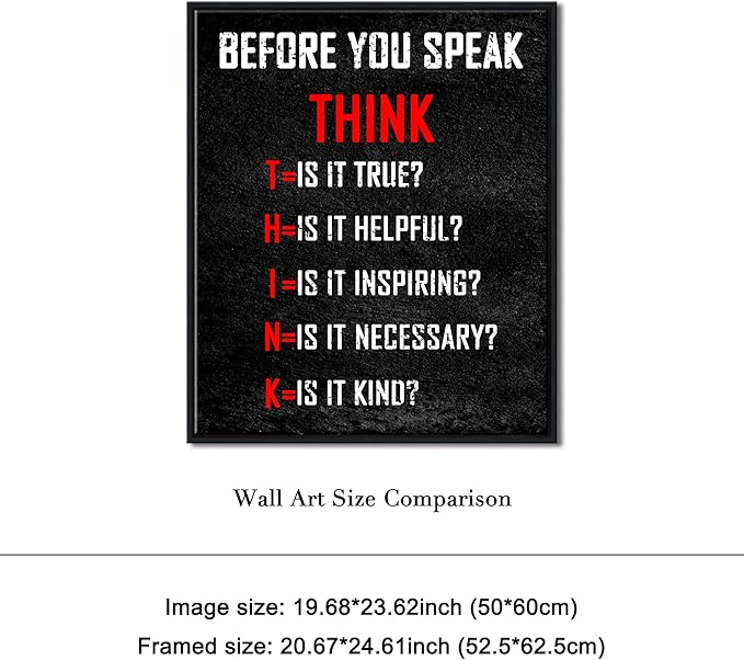 Pyradecor Large Inspirational Poster Black Framed Canvas Wall Art Motivational Think Before You Speak Classroom Positive Quotes for Office Home Decorations