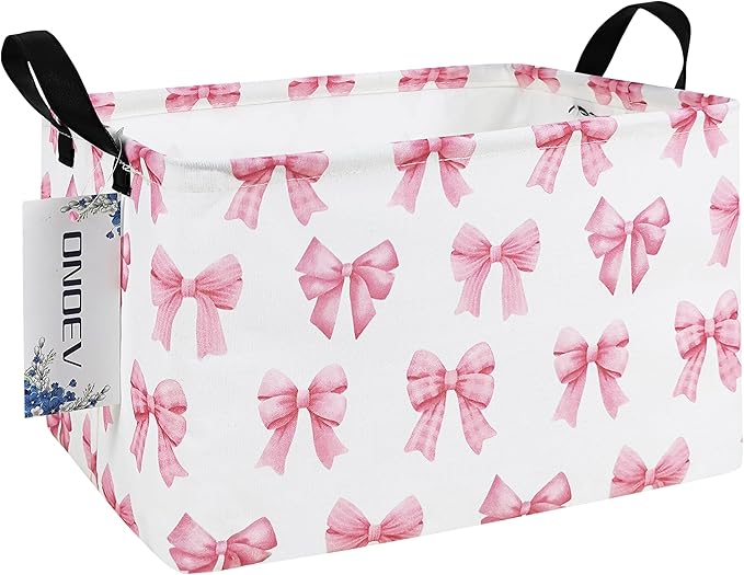 Rectangular Kids Laundry Basket Girls' Waterproof Storage Bins Pink Gift Basket Suitable For Home Decoration Office and Toy Storage(Pink Knot)