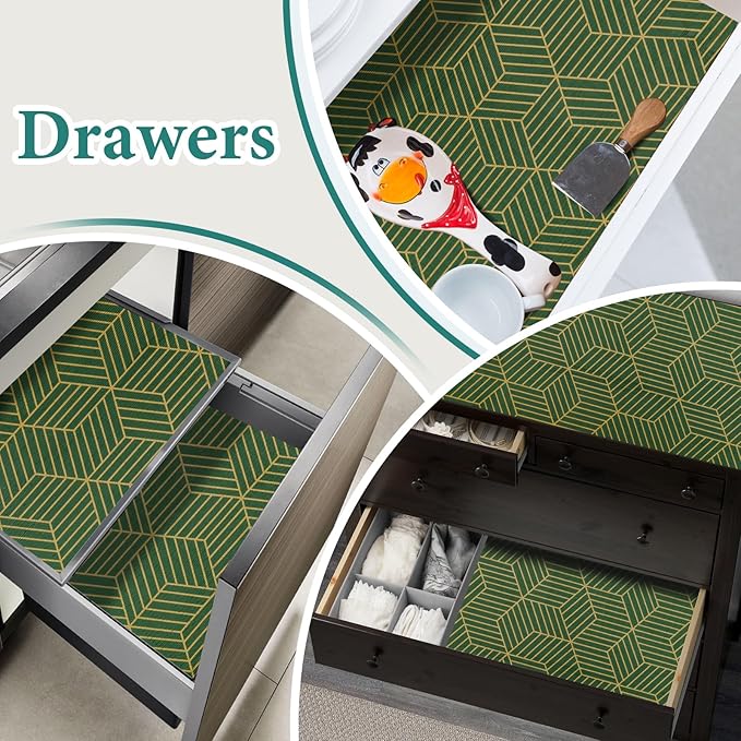 Shelf Liners for Kitchen Cabinets 23.6in x 30FT, Non-Adhesive Cabinet Liner, Strong Non-Slip Thickened Gold Green Geometric Drawer Liner, Easy to Clean for Shelf, Cabinet with Knife and Tape Measure