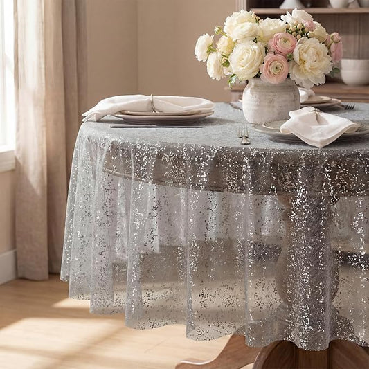 Horaldaily Grey Sliver Tablecloth 60x60 Inch Round, Sliver Glitter Metallic Foil, Sheer Tulle Cheesecloth for Wedding Baby Shower Ceremony Birthday